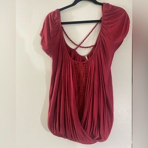 Free People // Vintage Short-Sleeve Scoop Neck & Low Back Blouse (S - Red)